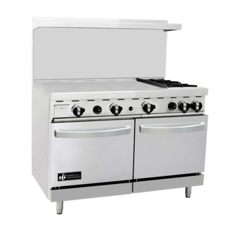Étiquette alternative : EFI RCTRS-36G-2B-P Cuisinière de restaurant de 48 » avec plaque et deux fours cuisinière commerciale au gaz avec plaque de 36 », 2 brûleurs, deux fours