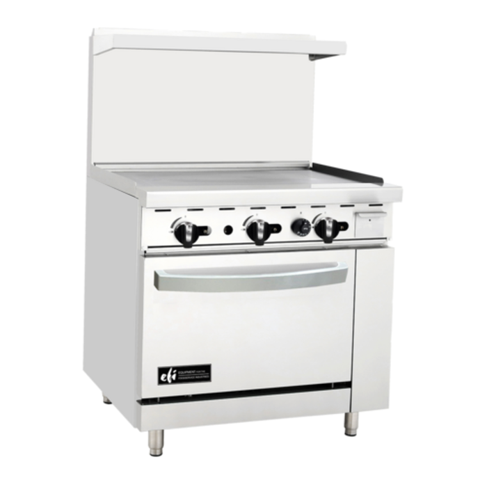 Étiquette alternative : Cuisinière de restaurant à propane liquide EFI RCTRS-36G-P de 36 po avec plaque, une cuisinière au gaz commerciale de 36 pouces avec plaque et four