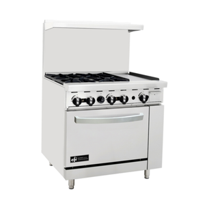 Alt Tag: EFI RCTRS-4B-12G-P 36-inch Commercial Gas Range with Griddle and Oven, stainless steel restaurant range with burners