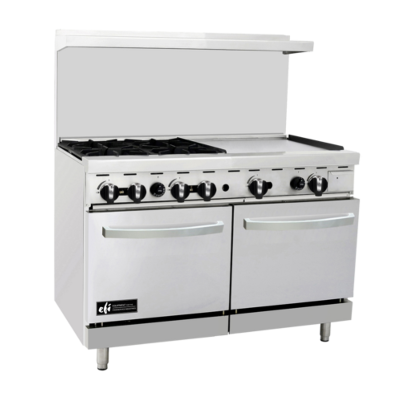 Étiquette alternative : EFI RCTRS-4B-24G Cuisinière à gaz de restaurant robuste de 48 pouces avec plaque, cuisinière commerciale à 4 brûleurs avec plaque de 24"