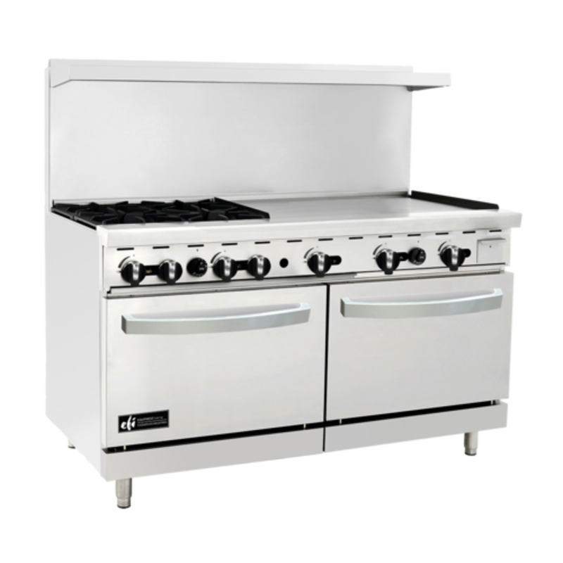 60 inch commercial gas range with griddle and ovens, 60-inch natural gas restaurant range with burners and dual ovens