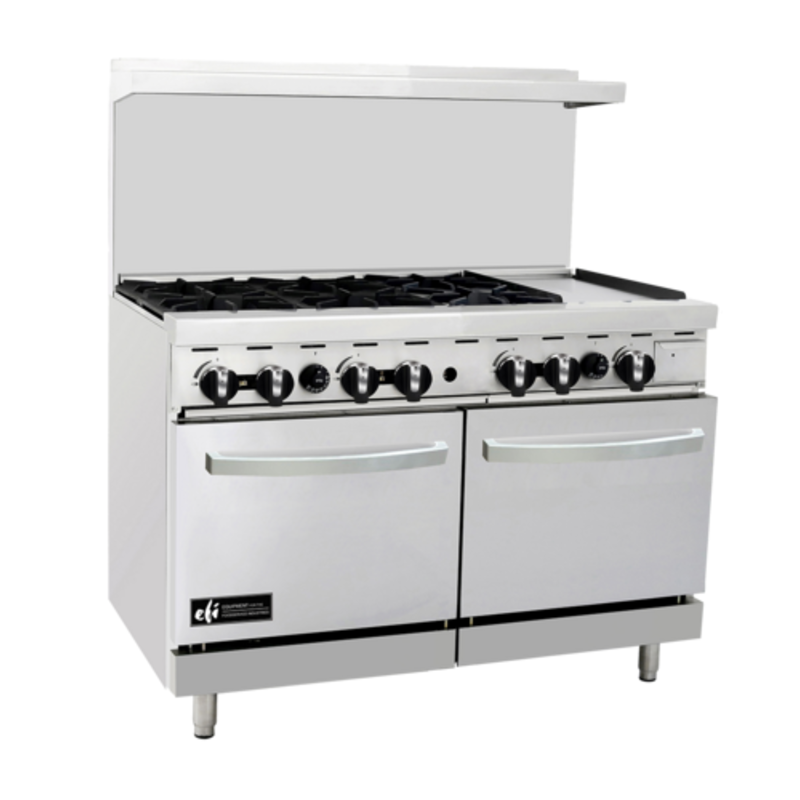 Alt Tag: EFI RCTRS-6B-12G-P 48" Gas Range 6 Burners 12" Griddle commercial restaurant range with 2 ovens and stainless steel design