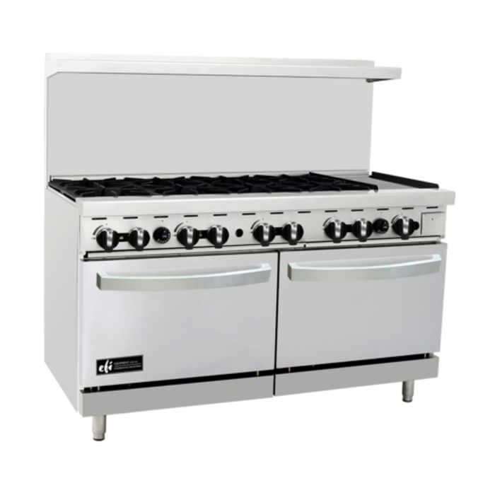 Alt Tag: 60 inch commercial natural gas range with 8 burners and griddle - EFI RCTRS-8B-12G-N 60" restaurant range with dual ovens