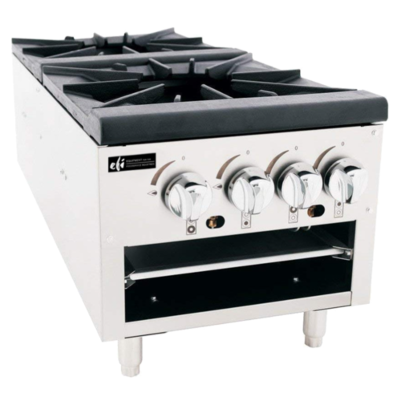 Alt Tag: EFI Sales RCTSPL-18-2P Liquid Propane Two Burner Stock Pot Range commercial stainless steel gas range with dual burners and control knobs
