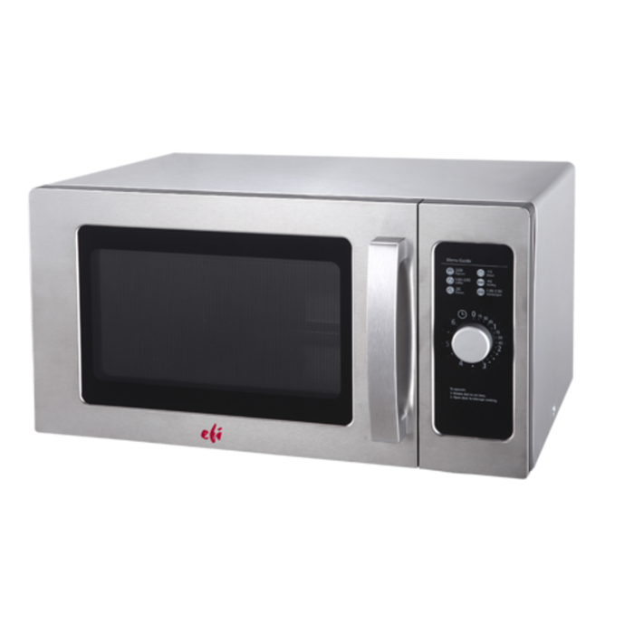 Alt Tag: EFI Sales 25 Liter Light-Duty Commercial Stainless Steel Microwave Oven stainless steel commercial microwave with dial controls front view