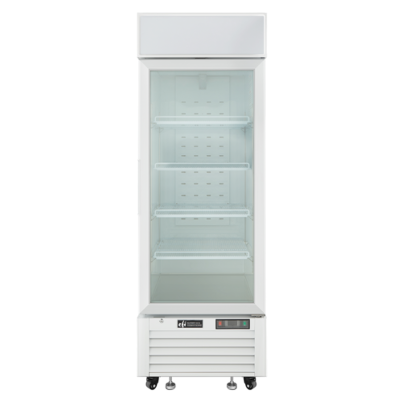 Alt Tag: EFI Sales 27" White Glass Door Commercial Ice Cream Freezer upright white glass door merchandiser with LED-lit interior shelves