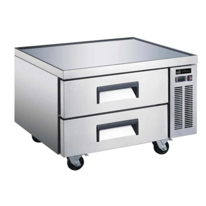 Alt Tag: EFI Sales 48-Inch Two-Drawer Commercial Refrigerated Chef Base Stand stainless steel refrigerated base with two drawers and casters