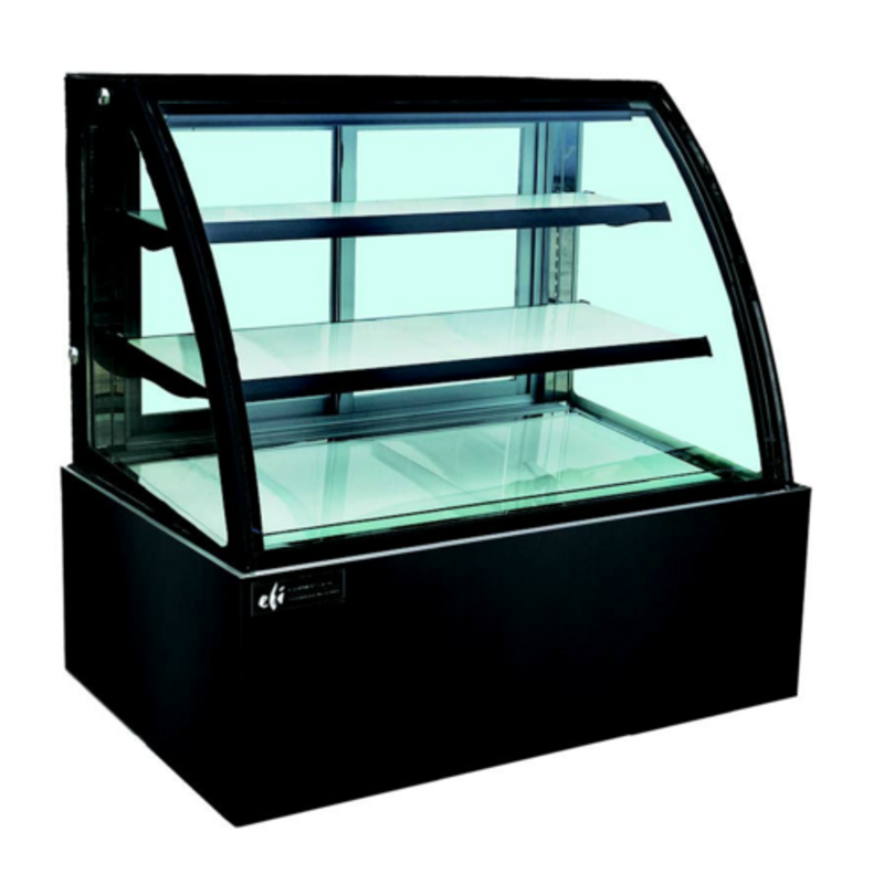 Alt Tag: EFI Sales 70.9-inch Curved Glass Refrigerated Deli Display Case black base curved glass refrigerated deli case with shelves