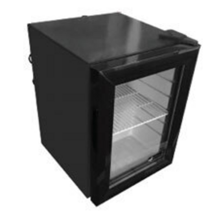Alt Tag: EFI Sales 21 L Countertop Glass Door Merchandiser Refrigerator black compact mini display fridge with glass door and shelves