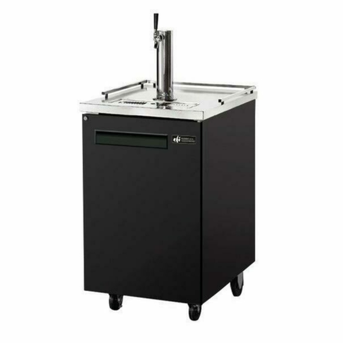 Alt Tag: EFI Sales CBBDD1-24CC 24" Black Bar Direct Draw Beer Cooler with stainless top and draft tower, compact black back bar dispenser