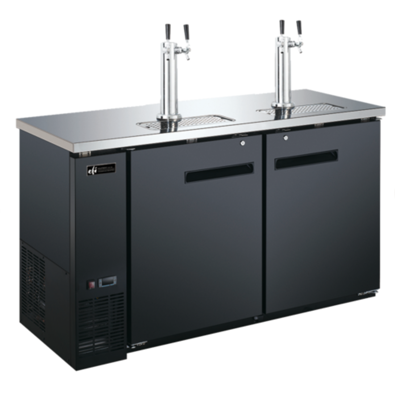 Alt Tag: Efi Sales CBBDD2-60CC 60" Black Back Bar Beer Cooler direct draw dispenser with dual taps and stainless top