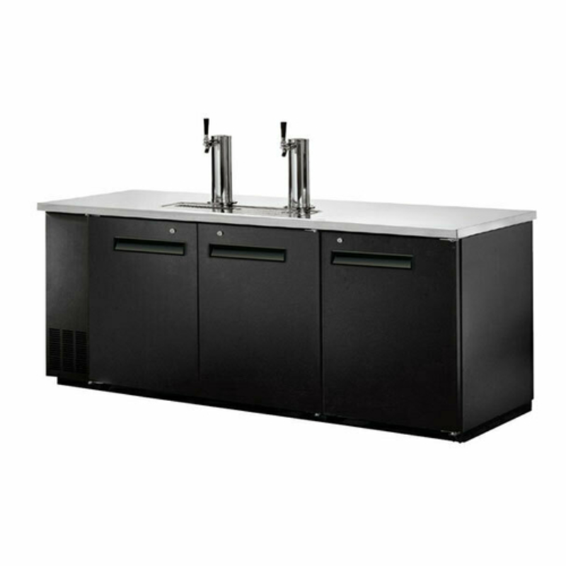 Alt Tag: EFI Sales CBBDD3-90CC 90" Back Bar Direct Draw Dispensing Cooler with dual draft beer tower faucets and 3-door black back bar