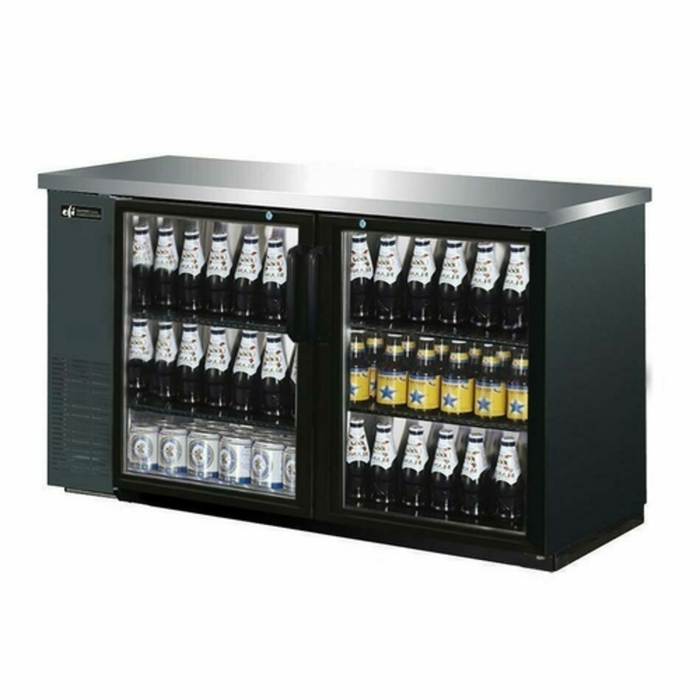 EFI Sales CBBGD2-60CC 60.8 Inch Back Bar Refrigerated Cabinet with swing glass doors, black exterior and stainless steel top, stocked cooler