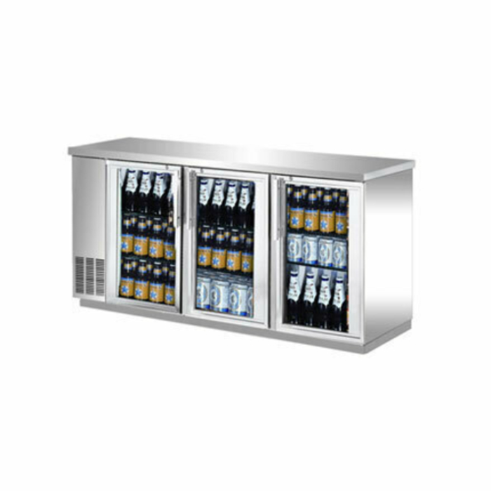 Alt Tag: EFI Sales CBBSGD3-72CC 72-Inch Stainless Steel Glass Door Cooler 3 swing glass doors stainless back bar beverage cooler