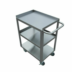 Alt Tag: EFI Sales 31 Inch Wide Stainless Steel Welded Utility Bussing Cart three-shelf stainless steel utility cart with handle and casters