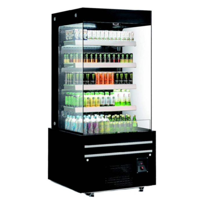 Alt Tag: EFI Sales CGOMB-3680 36.6 Inch Open Air Refrigerated Merchandiser with glass sides and multi-shelf drink display