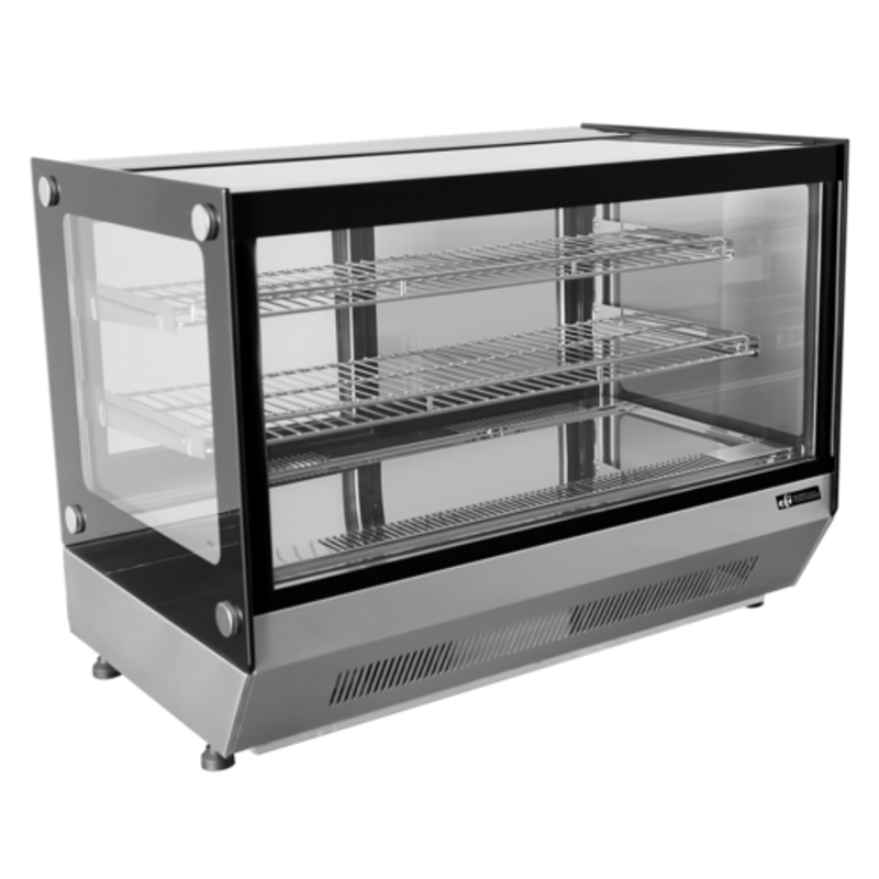 Alt Tag: EFI Sales CGSM-CT-3526 35.4" Stainless Steel Countertop Refrigerated Display Case with glass sides and 3 wire shelves