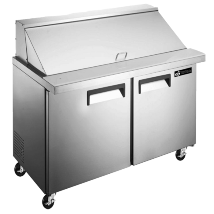 Alt Tag: EFI Sales CMDR2-36VCX 36 Inch Refrigerated Mega Top Sandwich Prep Table, stainless steel 2-door commercial prep refrigerator on casters