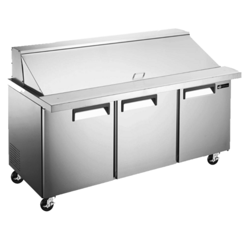 Alt Tag: EFI Sales Ltd. CMDR3-72VCX 72-Inch Mega Top Sandwich Prep Table stainless steel 3-door refrigerated prep table
