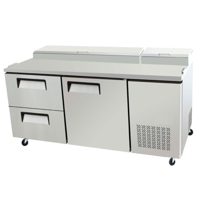 EFI Sales CPDW2-67VC 67" Stainless Steel Refrigerated Pizza Prep Table with refrigerated topping rail, drawers and cabinet storage