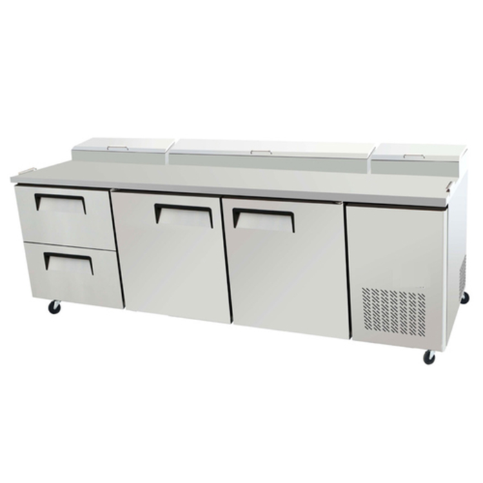 Alt Tag: EFI Sales 93" Two Door Refrigerated Pizza Prep Table stainless steel commercial pizza prep refrigerator with prep rail and cold storage