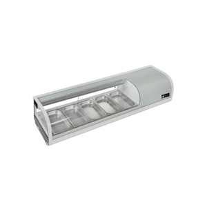 EFI Sales CSCM-5413S 53.2" Refrigerated Sushi Display Case Merchandiser silver curved glass countertop sushi case with trays