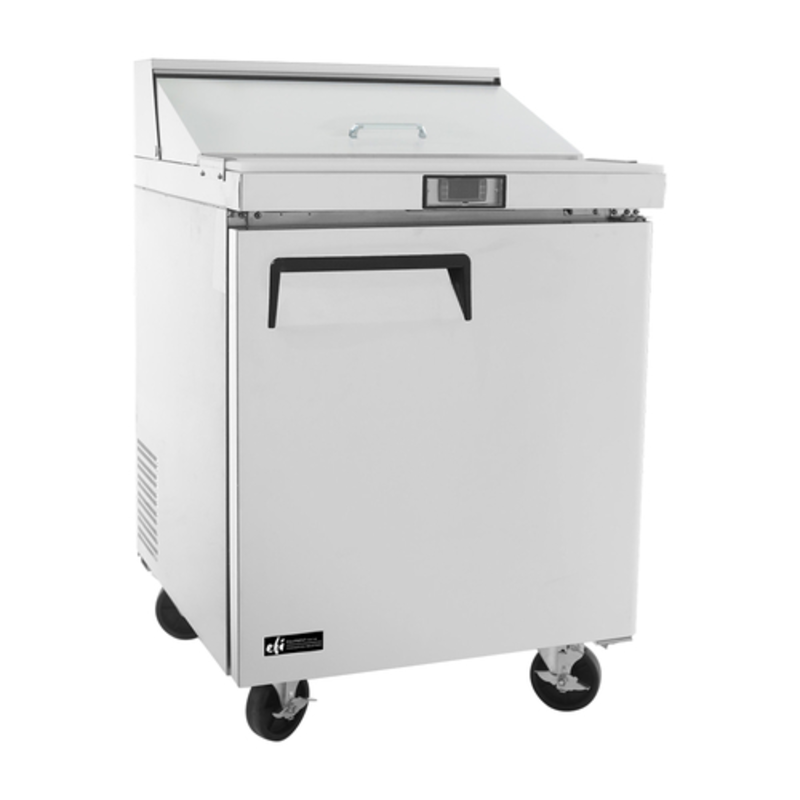 EFI Sales CSDR1-27VC-R 27.5" Stainless Steel Sandwich Salad Prep Table refrigerated counter with stainless exterior and casters
