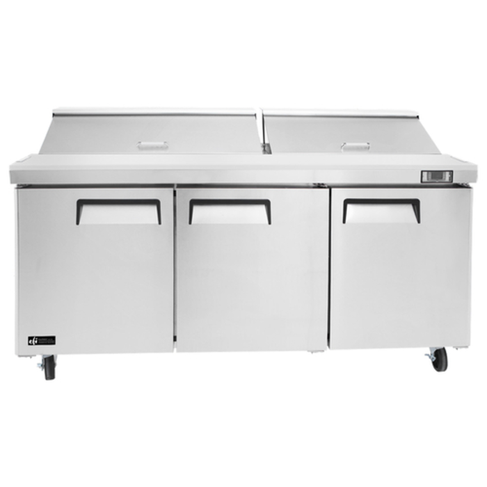 EFI Sales 72.7-Inch Three-Door Refrigerated Sandwich Salad Prep Table stainless steel commercial prep table with 3 doors