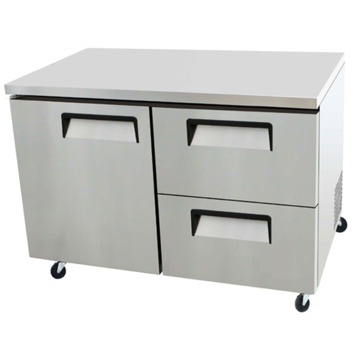 Réfrigérateur EFI Sales en acier inoxydable sous le comptoir de 48 pouces avec plan de travail en acier inoxydable, 1 porte et 2 tiroirs, cuisine commerciale