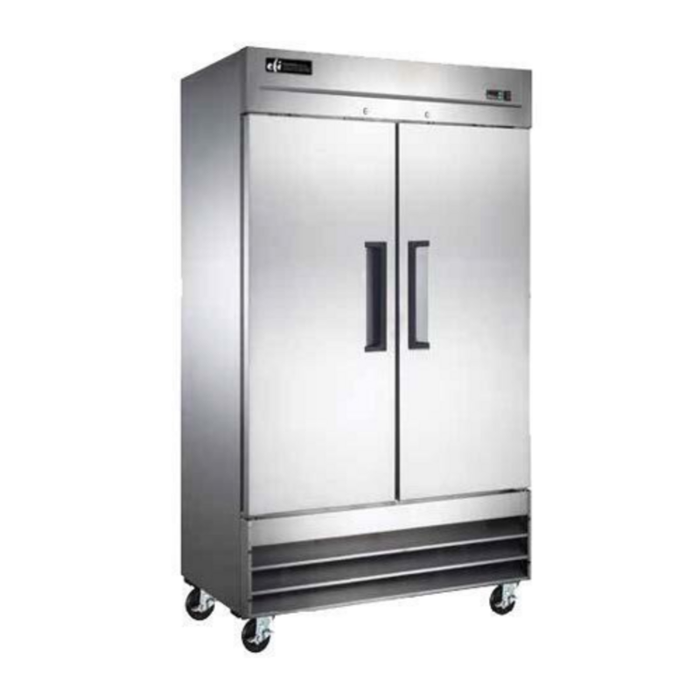 Alt Tag: EFI Sales 39.5" Two-Door Stainless Steel Bottom Mount Freezer commercial reach-in freezer with stainless steel doors on casters