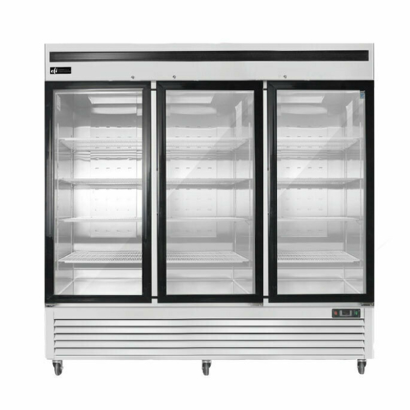 EFI Sales 81.9" Bottom Mount Three Door Glass Merchandiser Freezer commercial display freezer with 3 glass doors and bottom-mounted unit