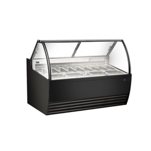 Alt Tag: EFI Sales FIGCB-7052 69.4" Curved Glass Gelato Dipping Showcase black curved glass display case for gelato and ice cream tubs