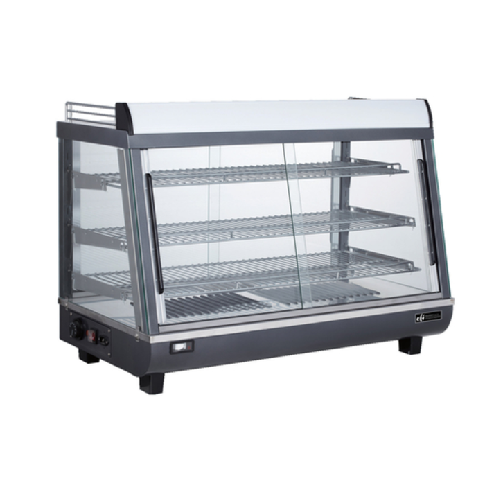 Alt Tag: EFI Sales HCGS-3526 36-Inch Countertop Hot Food Display Case heated glass merchandiser with 3 shelves and sliding doors