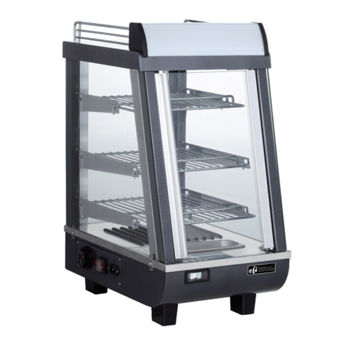 Alt Tag: EFI Sales HCGS-CT-1426 2.7 cu. ft. Countertop Hot Food Display Case with glass sides and 3 shelves for hot snacks
