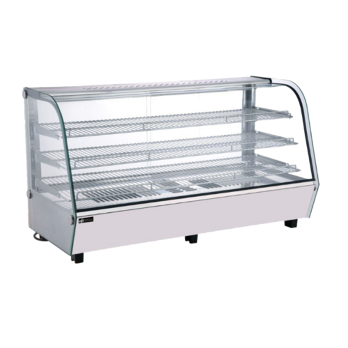 EFI Sales HGCM-CT-4827-WH 48" Curved Glass Countertop Heated Food Merchandiser heated display case with curved glass front and multi-tier shelves