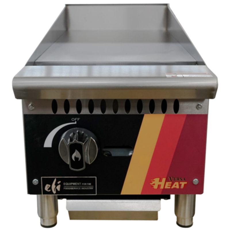 Alt Tag: EFI Sales 12 Inch Wide Countertop Gas Manual Control Griddle front view with manual knob and polished steel griddle plate