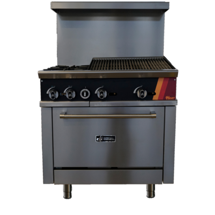 Alt Tag: EFI Sales HRG36-24CH-2B-N 36" Gas Restaurant Range and Charbroiler with open burners, charbroiler grill and static oven