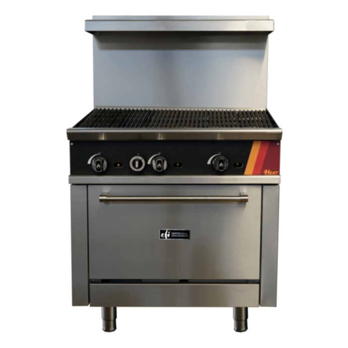 Alt Tag: EFI Sales HRG36-36CH-N 36" Restaurant Gas Range with Oven Charbroiler stainless steel commercial gas range front view