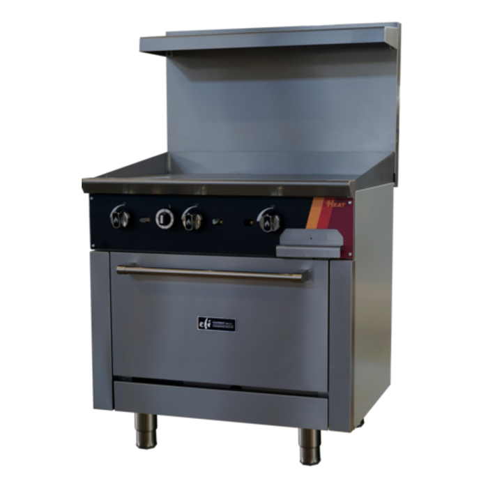 Alt Tag: EFI Sales HRG36-36GM-N 36" Natural Gas Restaurant Range with Griddle, stainless steel commercial range with manual griddle