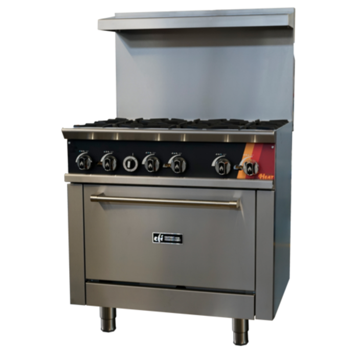 Alt Tag: EFI Sales HRG36-6B-N 36" Gas Restaurant Range Six Burners stainless steel commercial range with oven and back riser