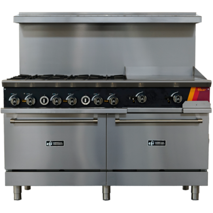Alt Tag: EFI Sales Ltd. HRG60-24GM-6B-N 60" Gas Restaurant Range with Griddle and Ovens, 6-burner commercial range front view