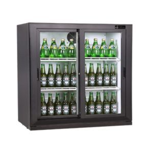 Alt Tag: EFI Sales Ltd. C2S-3640-CT 35.4" Two-Door Countertop Merchandiser Refrigerator with glass doors displaying bottled drinks