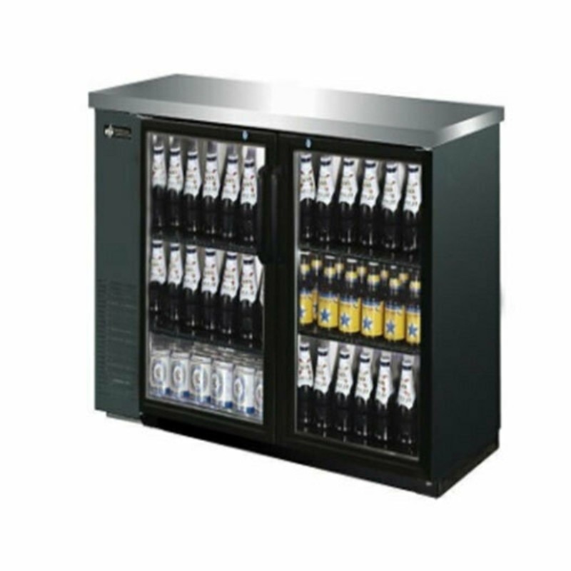 Alt Tag: EFI Sales Ltd. CBBGD2-48CC 48-Inch Refrigerated Back Bar Cooler with glass doors, black cabinet, bottle storage