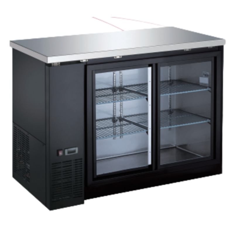 Alt Tag: EFI Sales Ltd. CBBGDS2-48CC 48.8" Back Bar Sliding Glass Cooler with black exterior, two sliding glass doors and adjustable wire shelves