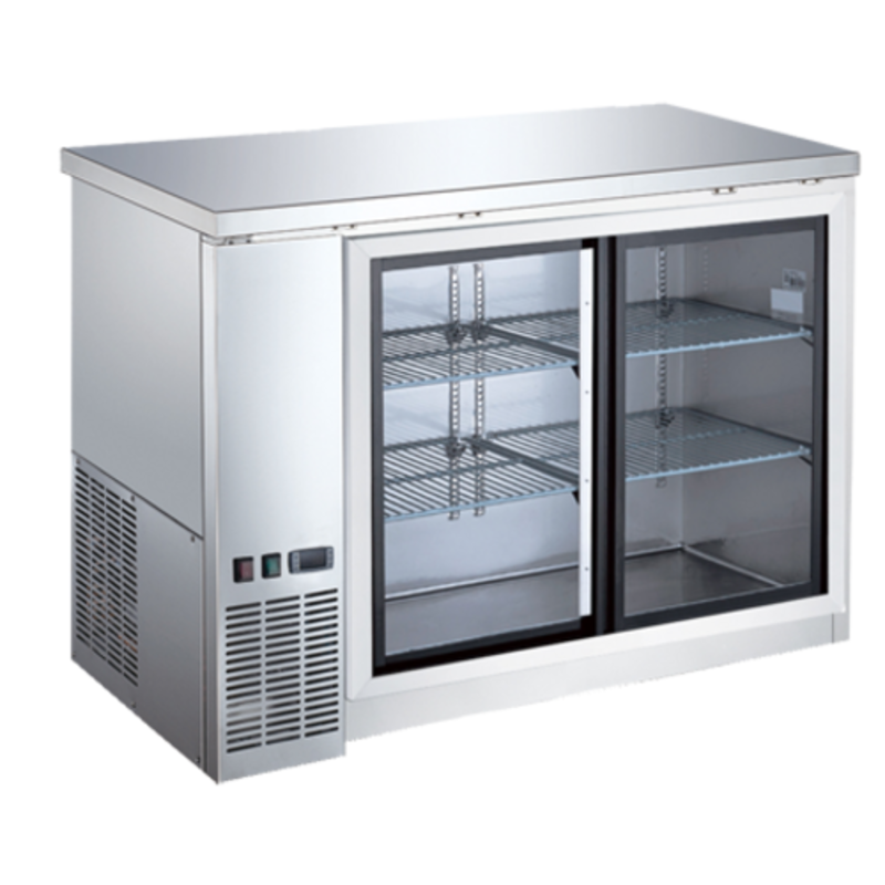 Alt Tag: EFI Sales Ltd. CBBSGDS2-48CC 48.8" Stainless Steel Back Bar Cooler with sliding glass doors and adjustable shelves