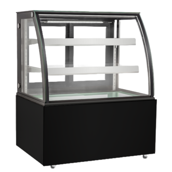 Alt Tag: EFI Sales Ltd. 35.4" Black Curved Glass Refrigerated Deli Case with curved glass front, black base, and stainless interior shelves