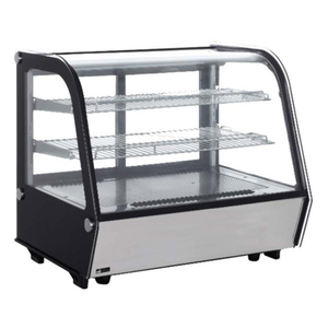 EFI Sales Ltd. 27.6-inch Refrigerated Countertop Display Case Merchandiser with curved glass and LED-lit shelves for pastries