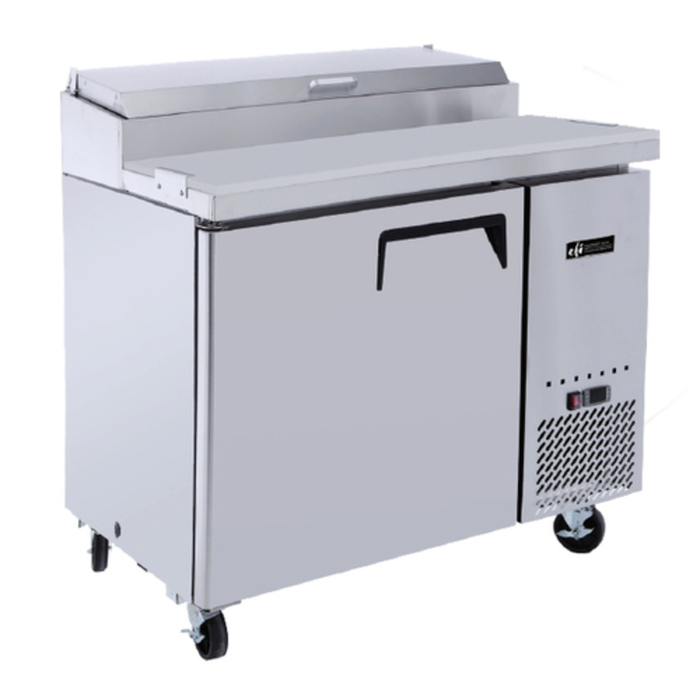 Alt Tag: EFI Sales Ltd. CPDR1-44VC-L 44" Single Door Refrigerated Pizza Prep Table stainless steel pizza prep fridge with cutting board, single door