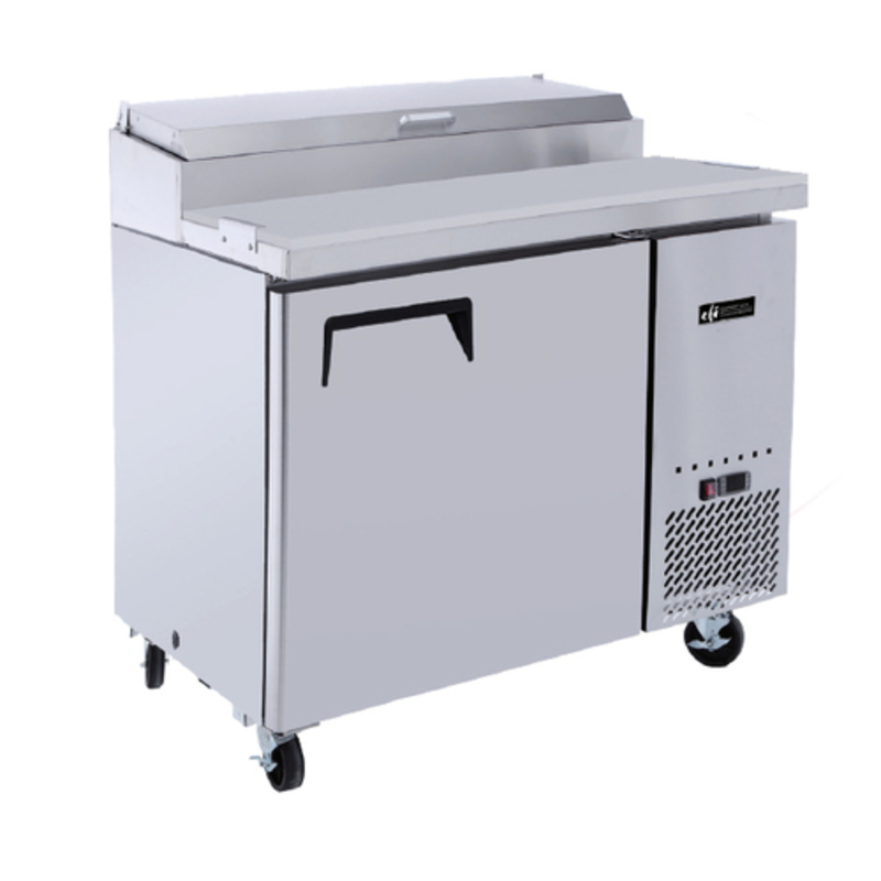 Refrigerated Pizza Prep Table By EFI Sales Ltd. With Stainless Steel Surface And Topping Rail.