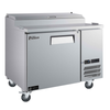 Alt Tag: EFI Sales Ltd. CPDR1-44VCP-L 44" Refrigerated Pizza Prep Table stainless steel pizza prep cooler with cutting board and casters